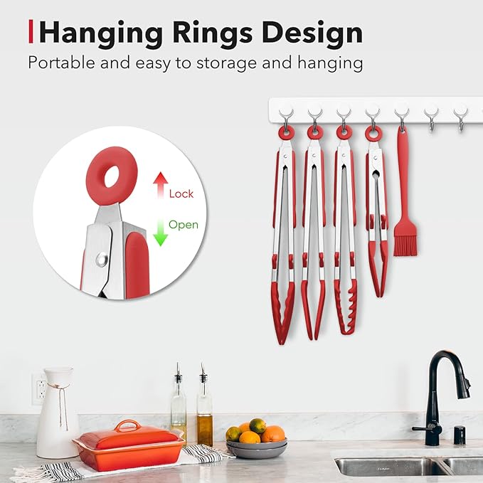 5-Pack Silicone Tongs for Cooking,Maywe Tanso 4PCS 13-Inch Kitchen Tongs with Silicone Tips,Nonstick Stainless Steel Tong for Steak Pie Pizza Pasta Spaghetti Salad BBQ Buffet,Plus Brush - Image 6