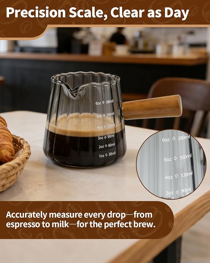 2 Pack Espresso Measuring Cup, 6oz Borosilicate Glass Espresso Cups with Wood Handle, V-Shaped Spout Milk Frothing Cup for Coffee, Tea, Syrup – Dishwasher Safe