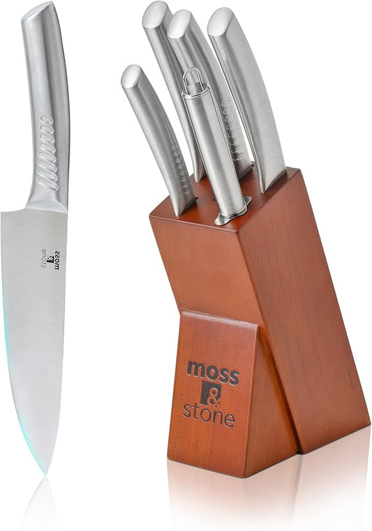 Moss & Stone Professional Kitchen Knife Chef Set, 6 Pcs Small Knife Set With Block, Premium Kitchen Knife Set Stainless Steel, Scratch Resistant & Rust Proof, Knife Block With Sharp Cooking Knives. by Mossstone