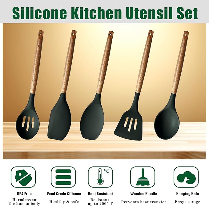 Non-Stick Silicone Cooking Utensils Set with Natural Acacia Hard Wood Handle, 5 Piece, High Heat Resistant (Green) - Image 2