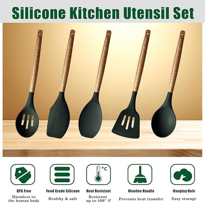 Non-Stick Silicone Cooking Utensils Set with Natural Acacia Hard Wood Handle, 5 Piece, High Heat Resistant (Green) - Image 2