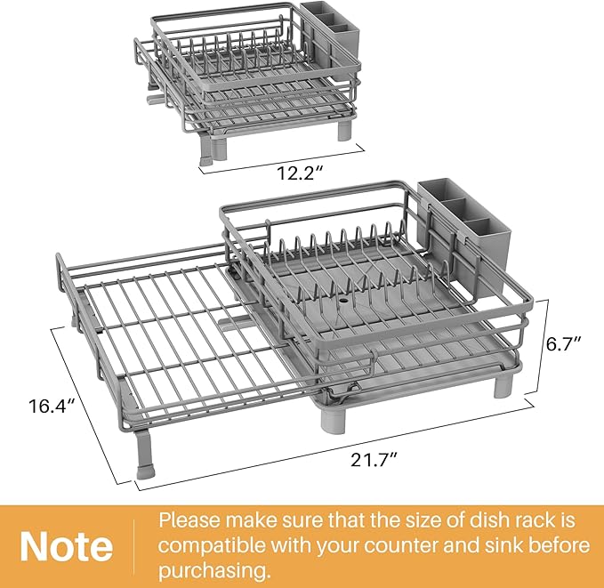 SNTD Dish Drying Rack - Extendable Dish Rack, Large Sink Drying Dish Drainer for Kitchen Counter, Stainless Steel Dish Strainer with Utensil Holder (Grey) - Image 2