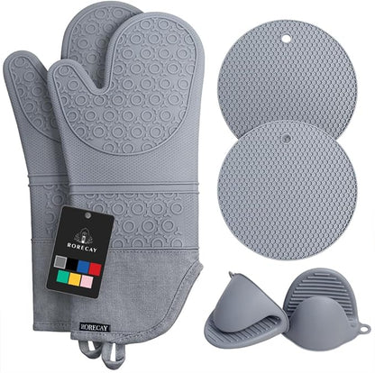 Rorecay 6pcs Oven Mitts and Pot Holders Sets for Kitchen, Extra Long Silicone Oven Gloves High Heat Resistant 500 Degrees Non-Slip Potholders Hot Pads for Baking Cooking, Grey by Rorecay