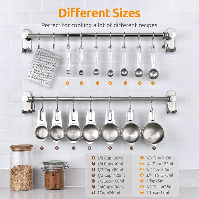 U-Taste Measuring Cups and Spoons Set of 15 : 7 Measuring Cups and 7 Measuring Spoons with 2 D-Rings and 1 Professional Magnetic Measurement Conversion Chart - Image 2