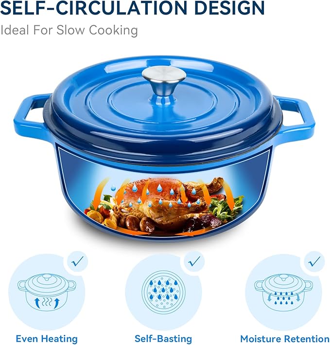 Miereirl 6.5 Quart Enameled Dutch Oven Pot with Lid, Cast Iron Dutch Oven with Dual Handles for Bread Baking, Cooking, Non-stick Enamel Coated Cookware (Dark Blue) - Image 2