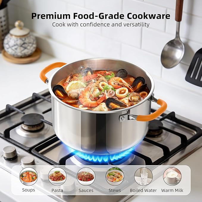 Ciwete Stainless Steel Stock Pot, 11 Quart Soup Pot with Lid, Heavy-Duty Thick Bottom Induction Cooking Pot for Pasta, Stew & Simmering, Fast Heating, Compatible with All Cooktops, Dishwasher Safe - Image 2