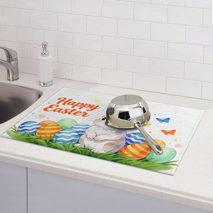 Easter Bunny Dish Drying Mat, for Kitchen Counter Microfiber Absorbent Easter Eggs Dish Draining Reusable Washable Extra Large 18"x24" - Image 4