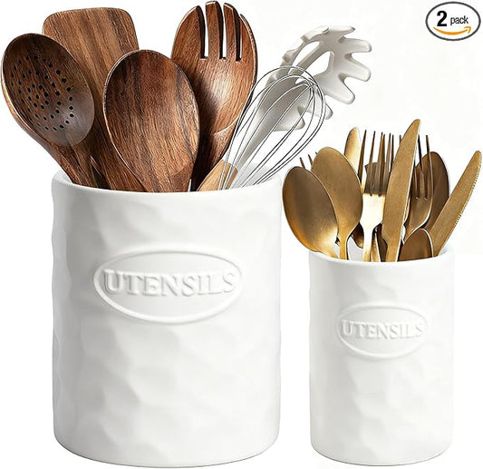 White Utensil Holder Set of 2 Ceramic Cooking Utensil Crock Modern Kitchen Utensil Organizer for Countertop Spatula Spoon and as a Decorative Vase for Housewarming Gift by KJEC
