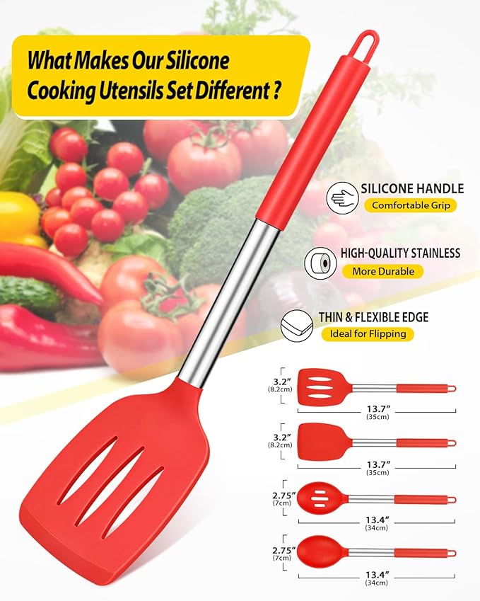 Pack of 4 Silicone Cooking Utensils Set, Non Stick Large Solid Spatulas, Heat Resistant Slotted Spoons, Ideal BPA Free Kitchen Turners for Frying, Mixing,Serving,Draining,Turning,Stirring (RED) - Image 2
