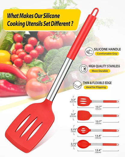 Pack of 4 Silicone Cooking Utensils Set, Non Stick Large Solid Spatulas, Heat Resistant Slotted Spoons, Ideal BPA Free Kitchen Turners for Frying, Mixing,Serving,Draining,Turning,Stirring (RED) - Image 2