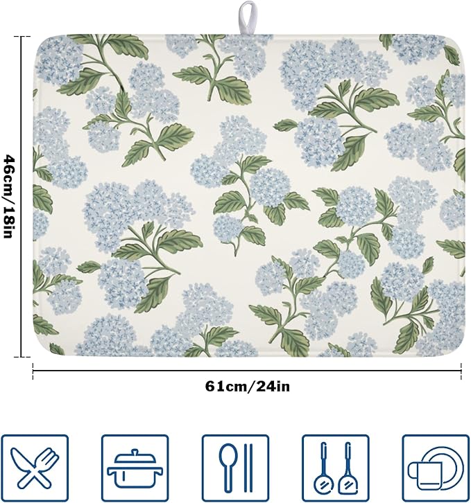 Blue Hydrangea Floral Dish Drying Mat for Kitchen Counter Spring Summer Vintage Flower Microfiber Dish Drainer Mat Rustic Farmhouse Absorbent Washable Drying Pad Extra Large 18"x24"
