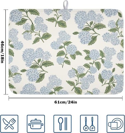 Blue Hydrangea Floral Dish Drying Mat for Kitchen Counter Spring Summer Vintage Flower Microfiber Dish Drainer Mat Rustic Farmhouse Absorbent Washable Drying Pad Extra Large 18"x24"