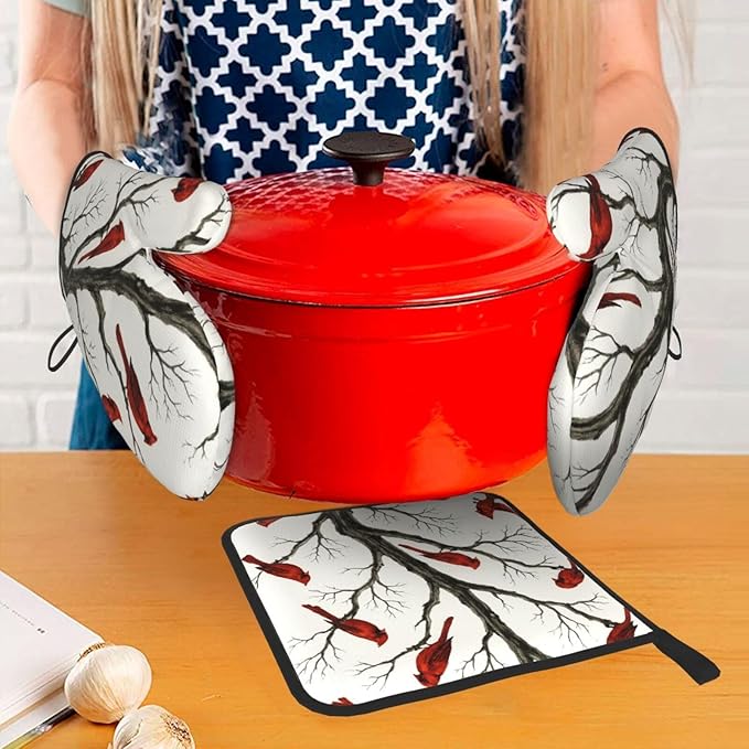 Christmas Pot Holders and Oven Mitts Set of 3,Winter Red Cardinal Kitchen Gloves Hot Pads for Oven Baking Cooking BBQ Grilling,Cardinals Kitchen Decor & Christmas Cardinal Gifts for Women
