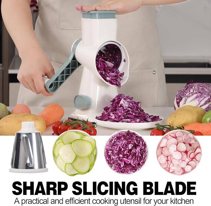 Cheese Grater Cheese Shredder with 3 Interchangeable Blades, Rotary Cheese Grater Manual Vegetable Slicer with Non-slip Suction Base Peanut Nuts Grinder Vegetable Shredder White - Image 3