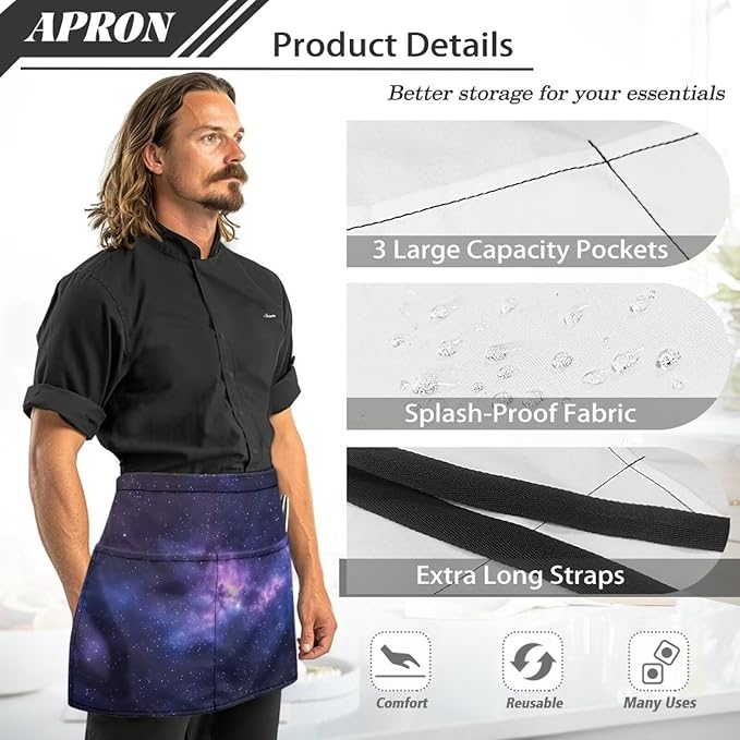 Server Apron with 3 Pockets, Waterproof Oil Waitress Waiter Half Apron for Restaurant Hotel Kitchen Cafe