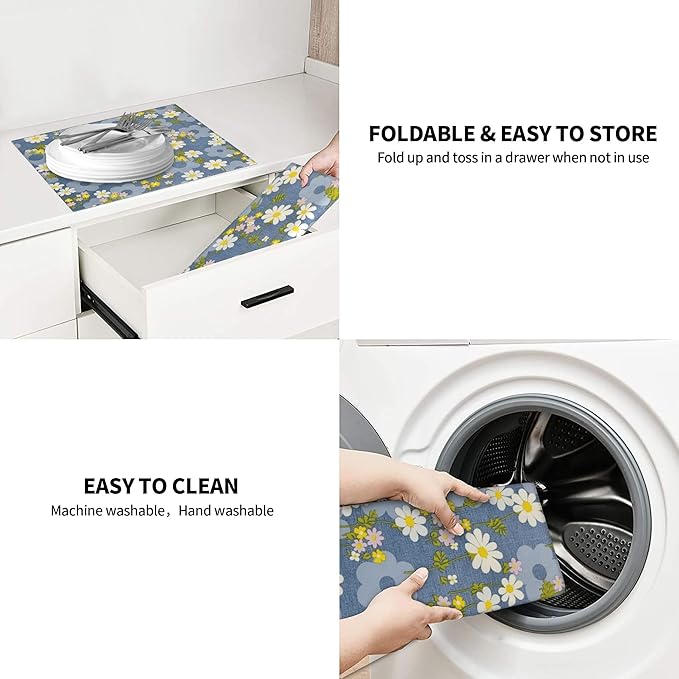Daisy Flowers Dish Drying Mat for Kitchen Counter, 16"x18" Microfiber Absorbent Fast Dry Mat, 2Pcs Dish Mat Faucet Mats Sets, Large Drying Kitchen Mat Kitchen Drying Pad Coffee Bar Decor Gifts