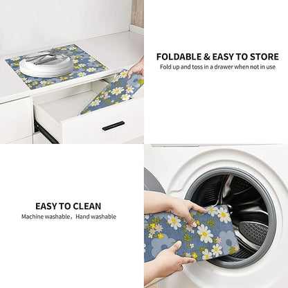 Daisy Flowers Dish Drying Mat for Kitchen Counter, 16"x18" Microfiber Absorbent Fast Dry Mat, 2Pcs Dish Mat Faucet Mats Sets, Large Drying Kitchen Mat Kitchen Drying Pad Coffee Bar Decor Gifts