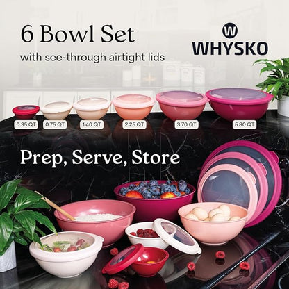 WHYSKO Mixing Bowl Set, 12 Piece Colorful Plastic Mixing Bowls with Lids Set for Food Prep Storage and Serving, Microwave and Dishwasher Safe for Kitchen Baking Cooking - Image 2