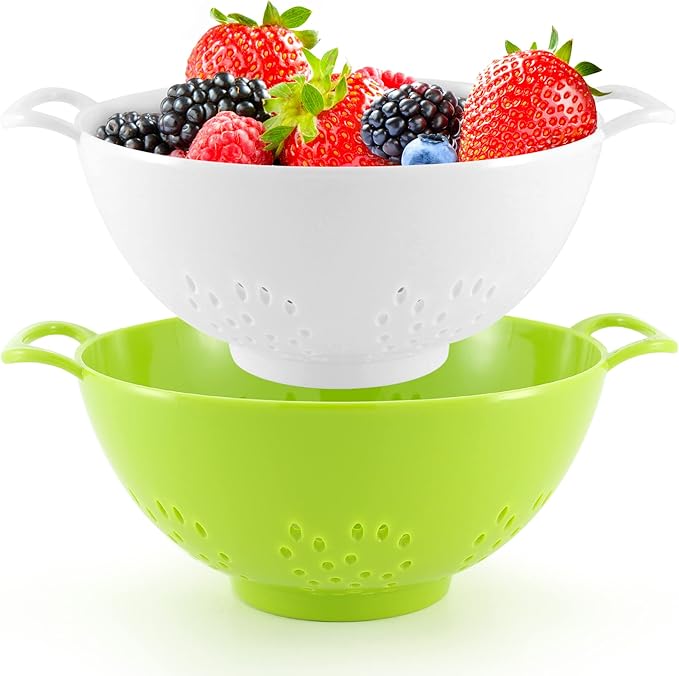 Meadow Lane 6-inch Small Colander, BPA-Free, Dishwasher Safe, Double Handles, Compact Food Strainer for Berries, Veggies and Pasta, 3-Cup Capacity, Green and White, 2-Pack by MeadowLane