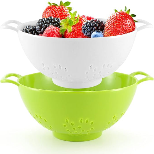 Meadow Lane 6-inch Small Colander, BPA-Free, Dishwasher Safe, Double Handles, Compact Food Strainer for Berries, Veggies and Pasta, 3-Cup Capacity, Green and White, 2-Pack by MeadowLane
