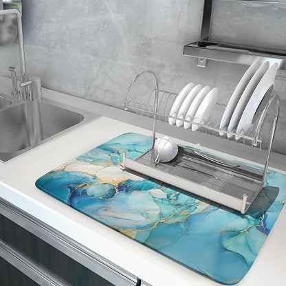 Marble Print Dish Drying Mat for Kitchen Counter,Blue Teal Turquoise Gold Drying Mat 18 x 24 Inch with Absorbent Reversible Microfiber Drying Pad for Coffee Bar - Image 5