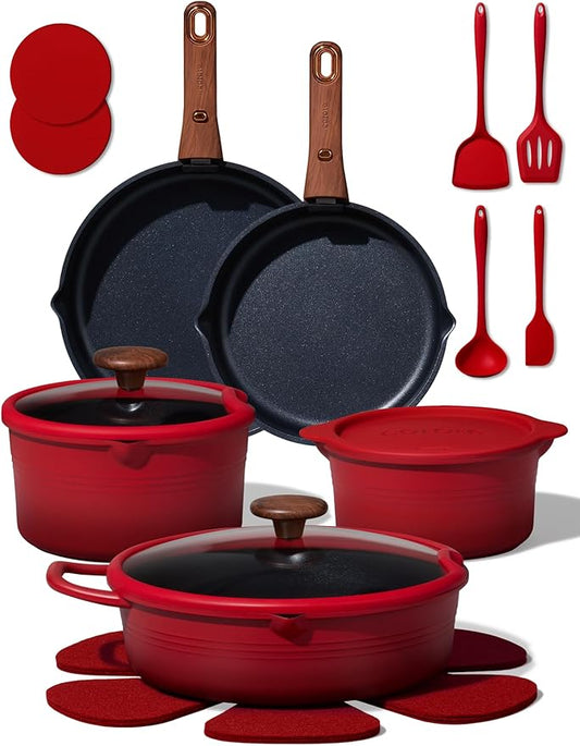 CAROTE 20Pcs Titanium Cookware Set, Pots and Pans Set Non Stick, Kitchen Cooking Set with Detachable Handle, Non Toxic Induction Cookware - Camping Cookware, Dishwasher/Oven Safe, Red by CAROTE