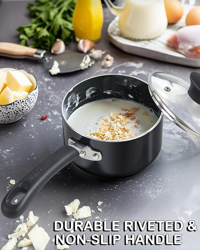 Cook N Home Nonstick Sauce Pan with Glass Lid, 1-Quart Saucepan Non Stick Small Cooking Milk Aluminum Pot, Black - Image 5