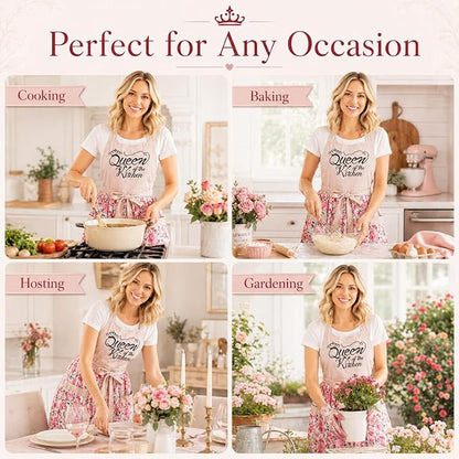 Cute Floral Aprons for Women with Pockets,Cotton Adjustable Neck Strap Apron for Kitchen Cooking Baking Gardening