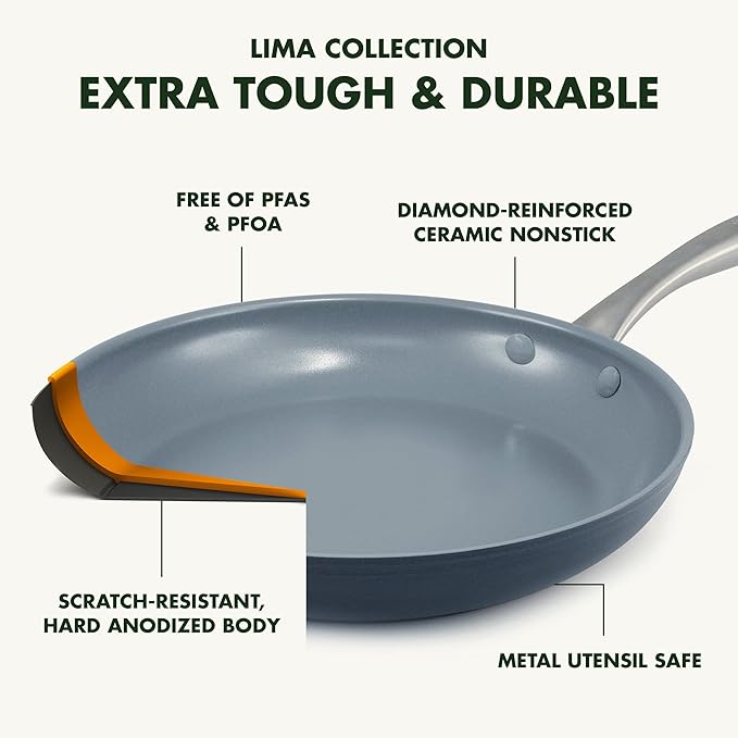 GreenPan Lima Hard Anodized 12" Frying Pan Skillet with Lid, Ceramic Nonstick, PFAS-Free Nontoxic Pots and Pans, Oven & Broiler Safe, Stainless Steel Handle, Cookware for Eggs & Omelet, Gray - Image 3