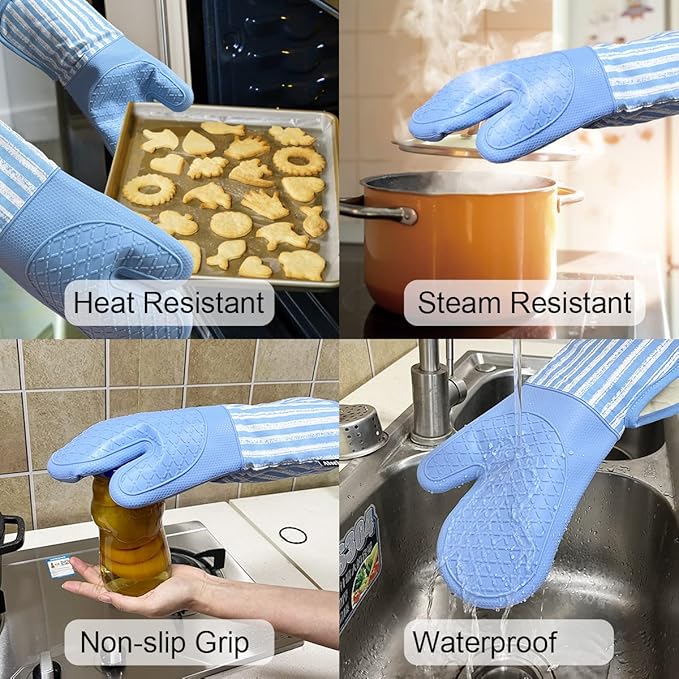 Alselo Silicone Oven Mitts Heat Resistant 932℉ with Waterproof & Non-Slip Kitchen Mittens, Set of 2 Extra Long Oven Gloves with Soft Cotton Terry Lining for Baking Cooking Barbecue (2, Blue Mitts) - Image 4