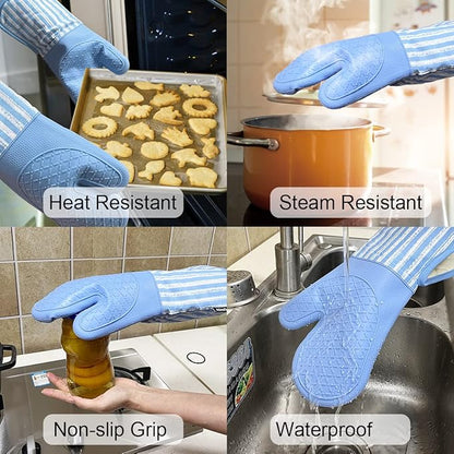 Alselo Silicone Oven Mitts Heat Resistant 932℉ with Waterproof & Non-Slip Kitchen Mittens, Set of 2 Extra Long Oven Gloves with Soft Cotton Terry Lining for Baking Cooking Barbecue (2, Blue Mitts) - Image 4