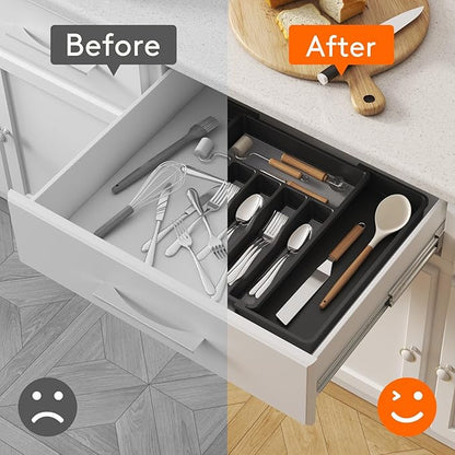 Lifewit Silverware Drawer Organizer, Expandable Utensil Tray for Kitchen, BPA Free Flatware and Cutlery Holder, Adjustable Plastic Storage for Spoons Forks Knives, 33 -57 x 42cm, Black and Gray - Image 5