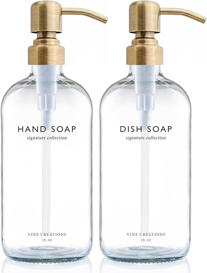 Vine Creations Clear Glass Soap Dispenser Set, Dish Soap and Hand Soap Dispenser Set with Stainless Steel Pump, 16 oz Glass Dispensers for Kitchen Bathroom Decor (Clear Bottle/Brushed Brass Pump) by VineCreations