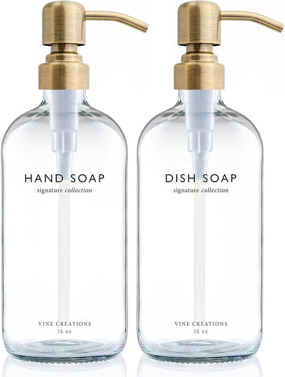 Vine Creations Clear Glass Soap Dispenser Set, Dish Soap and Hand Soap Dispenser Set with Stainless Steel Pump, 16 oz Glass Dispensers for Kitchen Bathroom Decor (Clear Bottle/Brushed Brass Pump) by VineCreations
