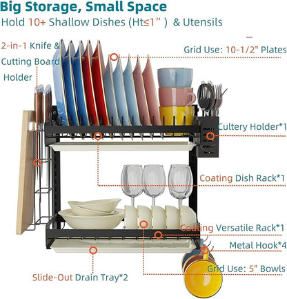 Hanging Wall Mounted Dish Drying Rack with Cutting Board Rack*1, Hook*4, Drain Tray*2, Apartment & RV Wall Mounted Dish Rack, Adhesive Mountable, 2 Layers & 16“ Long, Counter Free (Black)