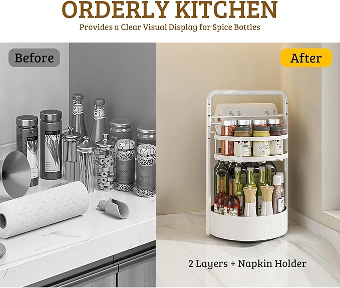 Rotating Spice Rack with Paper Towel Holder, 2 Tier Turntable Lazy Susan, Seasoning Organizer for Kitchen Countertop Cabinet, White - Image 6