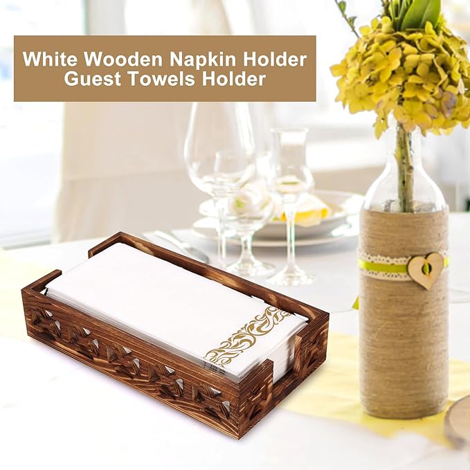 Rustic Wood Paper Towel Holder for Bathroom & Kitchen - Modern Farmhouse Napkin Holder with Basket - Disposable Hand Towels Tray