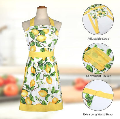 G2PLUS Thick Lemon Cotton Apron, Kitchen Apron for Women, Pleated Hemline Adjustable Cooking Apron with Pocket for Baking, Garden, Christmas
