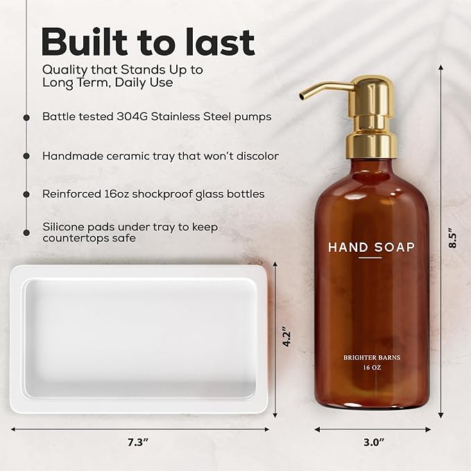 Luxury Glass Soap and Lotion Dispenser Set with Tray by Brighter Barns - Hand Soap Dispenser Bathroom Set w/Stainless Steel Pump - Gold Bathroom Decor for Guest House, Airbnb, Spa, Gift (Amber/Gold) - Image 3