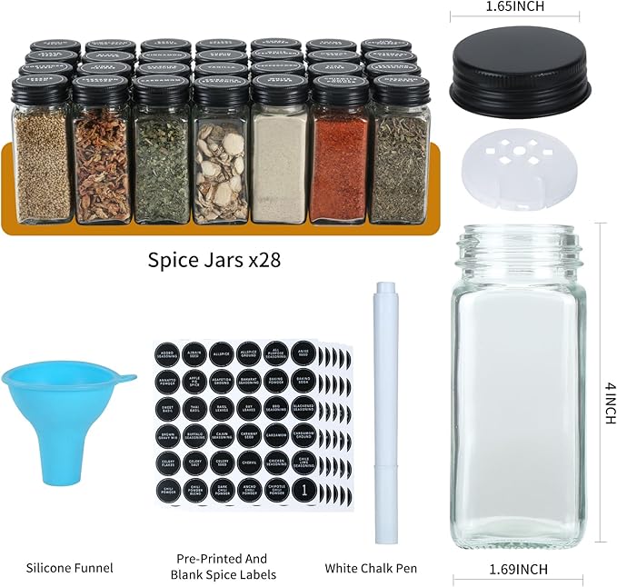 Skiileor Spice Rack Organizer with 28 Spice Jars, Black Lids，Spice Labels, Chalk pen and Funnel Set for Cabinet, Countertop, Pantry, Cupboard or Wall Mount - Image 3