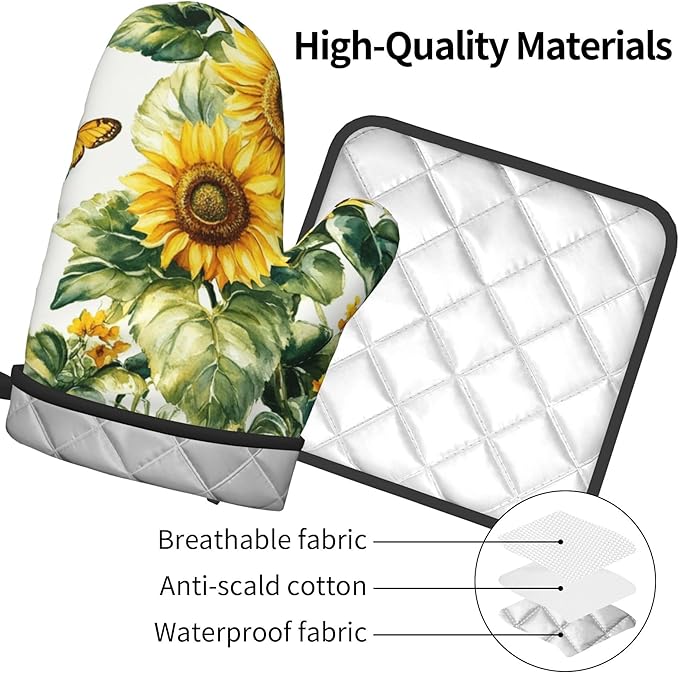 Sunflower Oven Mitts and Pot Holders Spring Summer Kitchen Accessories Set of 2 Floral Plant Botanical Gloves Potholder for Chef Cooking Baking Grilling BBQ - Image 4