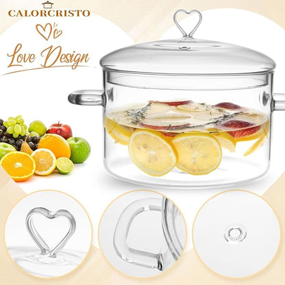 3 L Glass Cooking Pot with Lid, Glass Simmer Pot, Save Energy, Heat Resistant, for Water-based Recipes. Heart Shape Lid, Clear, 3.2QT(3000ml)