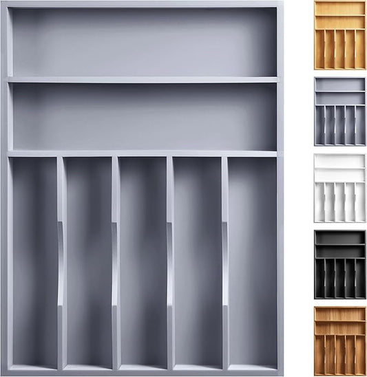 Kitchen Bamboo Silverware Organizer, Kitchen Drawer Organizer - Utensil Holder and Cutlery Tray with Grooved Drawer Dividers for Flatware 7 Slot, Grey by oridom
