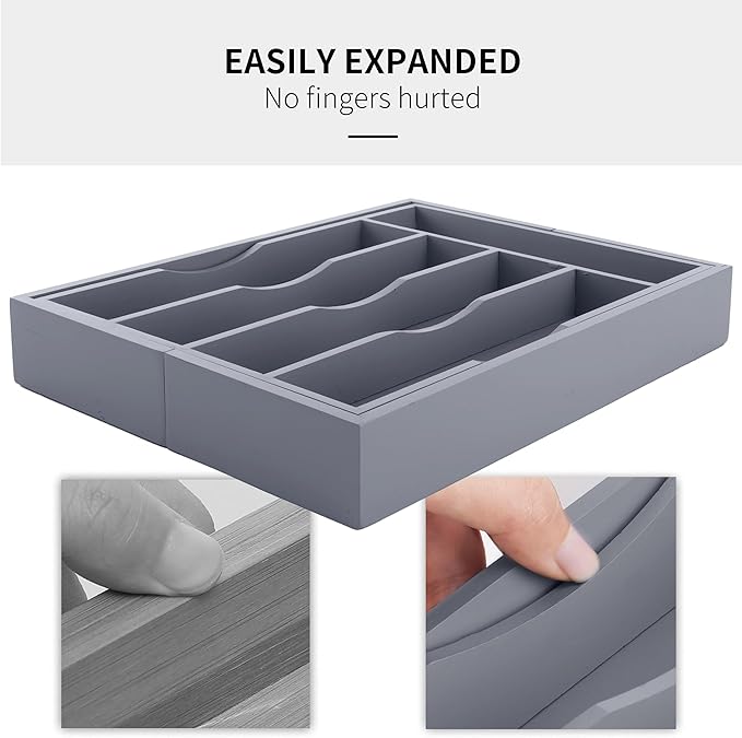 Expandable Bamboo Kitchen Drawer Organizer for Cutlery and Utensils, Adjustable Bamboo Wood Cutlery Tray in Drawer for Flatware and Silverware in Kitchen, (Grey) - Image 5