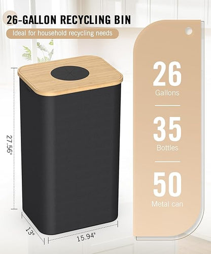 Recycling Bins for Kitchen, 26 Gallon (100L) Recycle Bin with Bamboo lid, Indoor Oxford Fabric Recycling Trash Can with 2pcs Removeable and Reusable Inner Bags for Bottle Can Glass Plastice, Black - Image 4