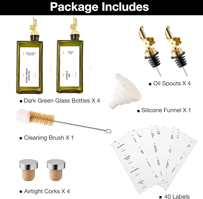 Olive Oil Dispenser Bottle for Kitchen, 16.9oz /500ml Cooking Vinegar Dispenser Bottle Set, Glass Sauce Container, Labels, Brush, Funnel, Stoppers, Green for Oil, Wine - Image 7