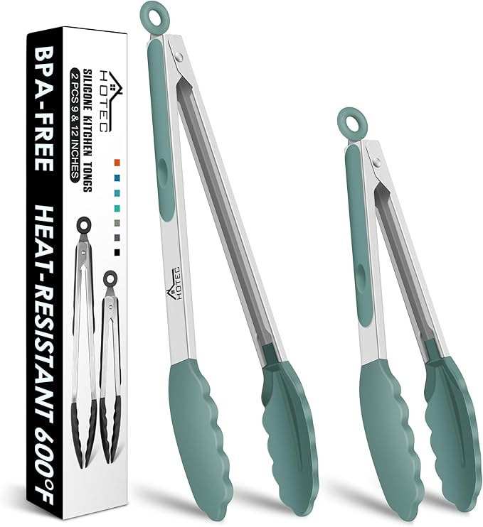 HOTEC Premium Stainless Steel Locking Kitchen Tongs with Silicon Tips, Set of 2-9" and 12",Sage Green by Hotec