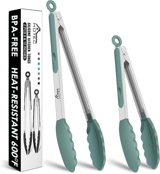 HOTEC Premium Stainless Steel Locking Kitchen Tongs with Silicon Tips, Set of 2-9" and 12",Sage Green by Hotec