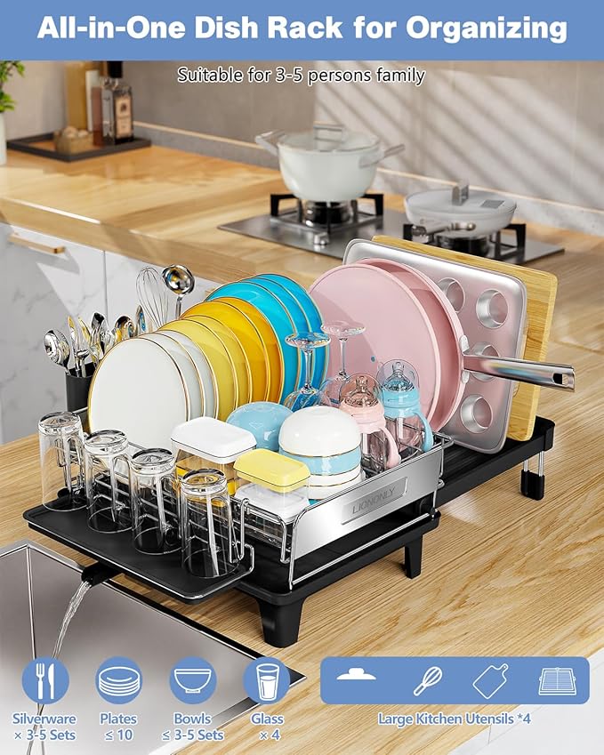 Expandable Dish Drying Rack, Dish Racks for Kitchen Counter, Stainless Steel 304, Flip-Top Retractable Plate, Multi-Directional Adjustable Dish Rack, Space Saving Large Drying Rack Kitchen, Black - Image 7