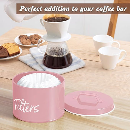 DRASTAR Coffee Filter Holder, Filter Storage with Lid for Counter, Storage Basket Container for Coffee Bar Accessories Decor, Pink